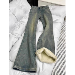 大码复古蓝牛仔裤胖mm高腰弹力显瘦遮胯马蹄喇叭裤