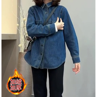 加绒加厚不卷边软牛仔衬衫女秋季内搭叠穿小个子衬衣法式复古上衣