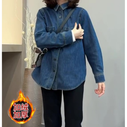 加绒加厚不卷边软牛仔衬衫女秋季内搭叠穿小个子衬衣法式复古上衣