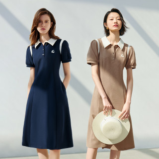 初语 学院风连衣裙女24新撞色polo领收腰T恤裙8419018 z1