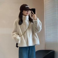 新款皮毛一体外套女冬季立领加厚环保毛毛外套短款上衣慵懒风