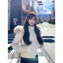甜美毛茸茸连帽面包服外套女冬季新款短款修身棉袄高级上衣