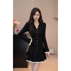 YUANLIANSU/圆脸酥法式气质黑色收腰显瘦针织连衣裙女