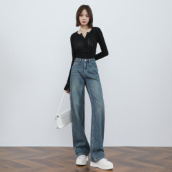 窄版阔腿牛仔裤女2026春季新款复古小个子高腰显瘦直筒垂感拖地裤