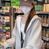 拉夏贝尔 灰色外套卫衣女士春秋季2026新款爆款美式百搭连帽上衣ZB