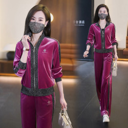 2026新款洋气金丝绒刺绣套装休闲气质立领开衫外套直筒裤显瘦时尚