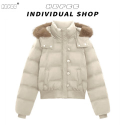 韩系甜美大毛领连帽棉服外套冬季加厚保暖时尚短款棉衣棉袄