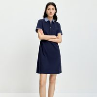 88VIP：LILY 2026夏新款女装复古POLO领条纹拼接抽褶收腰翻领直筒连衣裙