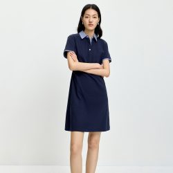 LILY 2026夏新款女装复古POLO领条纹拼接抽褶收腰翻领直筒连衣裙