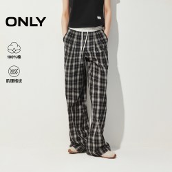ONLY 2026秋季新款松弛感纯棉松紧腰头宽松阔腿黑白格纹休闲裤女