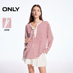 ONLY 2026秋季新款航海风随性绑带罩衫宽松落肩条纹长袖上衣T恤女