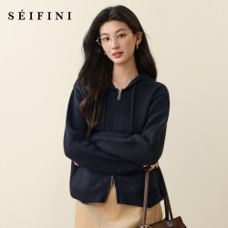 诗凡黎（‘S EIFINI）孟子义代言抽绳双拉链连帽针织衫2025冬新款韩系慵懒红色毛衣外套 藏青 S