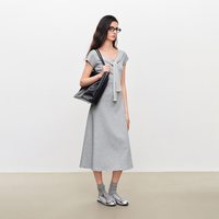 自巧 小个子海军风收腰短袖连衣裙女2026夏季新款显瘦白色针织长裙