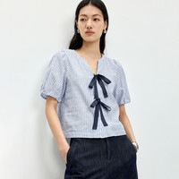 LILY 2026夏新款女装棉麻混纺法式V领条纹蝴蝶结气质通勤短袖衬衫