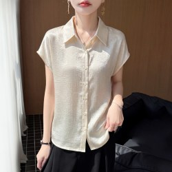 绒淼浩 法式短袖衬衫女夏连肩小飞袖大码翻领缎面衬衣T恤薄款开衫针织衫