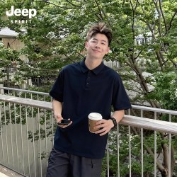 JEEP SPIRIT Jeep吉普藏青polo衫男款痞帅高级感夏季男装半袖商务通勤男士短袖