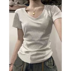 瑶朵仪 纯棉V领正肩短袖t恤女2026夏大码打底上衣服1两件简约白色浅灰色