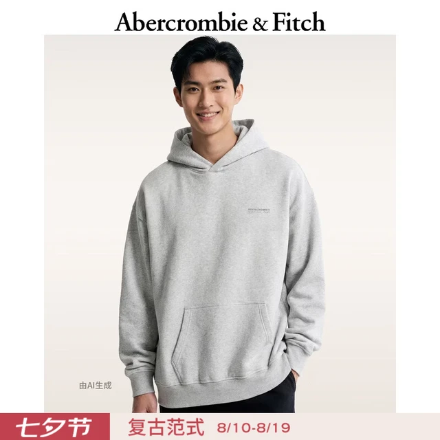 Abercrombie & Fitch 122-6176 美式复古抓绒连帽卫衣 浅灰色 2XL
