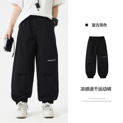宝贝亨亨 男童夏季运动速干黑色工装防蚊裤2026新款青少年儿童宽松薄款裤子