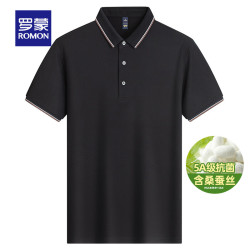罗蒙 5A抗菌含桑蚕丝短袖T恤衫男士夏季款中青年休闲翻领POLO半袖上衣 黑色 170 （适合100-120斤）