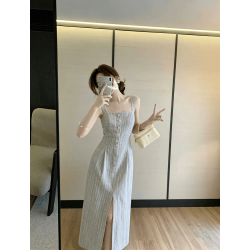 韩系复古老钱风工装条纹背带裙女2026夏季新款轻奢高级吊带连衣裙 连衣裙 M 建议 95-105斤