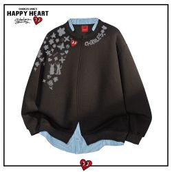 CHARLES JANG'S HAPPY HEART 美式涂鸦印花假两件拼接卫衣男春秋季宽松休闲情侣上衣