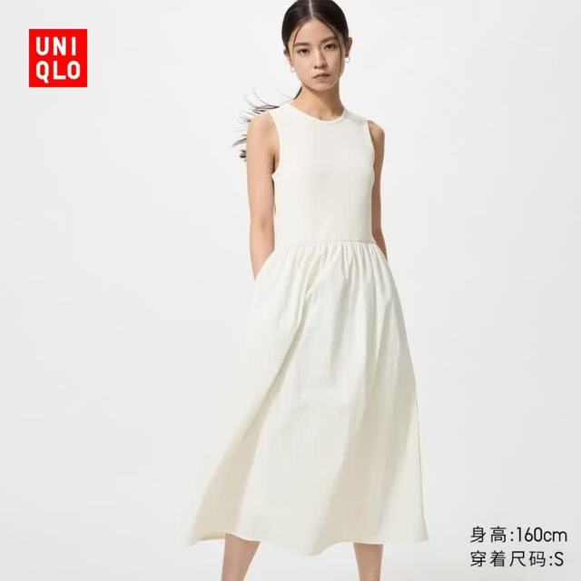 优衣库 拼接收腰连衣裙/无袖/常规款女装裙子百搭484887 00 白色 M