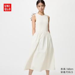 优衣库 拼接收腰连衣裙/无袖/常规款女装裙子百搭484887 00 白色 M