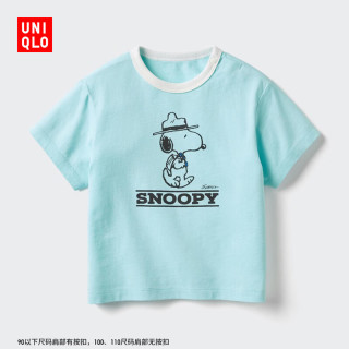 优衣库 婴幼儿PEANUTS AIRism棉混纺UT宝宝印花短袖T恤488649 62 粉蓝色 80
