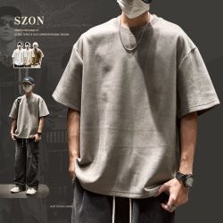 SZON短袖男美式复古纯色半袖宽松百搭男生夏季潮牌重磅麂皮绒t恤