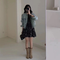 大码女装时尚牛仔外套高级感微胖穿搭显瘦碎花裙秋季减龄两件套