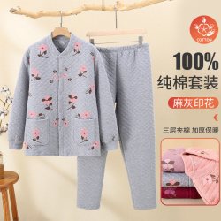 雅鹿 中老年妈妈睡衣女纯棉长袖长裤开衫家居服老太太三层夹棉套装