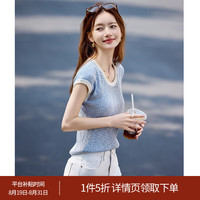 尚静 文艺风拼接撞色针织衫26年夏季小个子慵懒减龄T恤上衣
