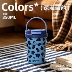 HEISOU 豹纹保温杯大容量316不锈钢双饮车载咖啡杯办公便携随行杯
