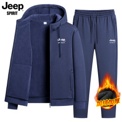 JEEP SPIRIT JEEP吉普冬季加绒加厚连帽开衫套装男士大码休闲运动保暖两件套男