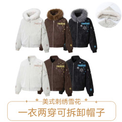 冬季一衣两穿可拆卸帽子PU皮质连帽棉服夹克美式雪花刺绣宽松夹克