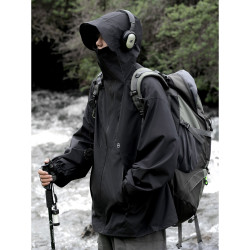 颂希尔 三防冲锋衣夹克男春秋季美式户外防水防风外套宽松登山连帽上衣服