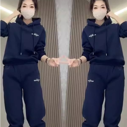 带帽加绒加厚运动服套装女2024秋冬新款时尚卫衣束腿裤两件套大码