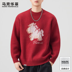 马克华菲 2026马年红色毛衣男士宽松圆领线衣秋冬季加厚保暖针织衫