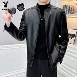 PLAYBOY 男士潮流修身皮夹克新款立领时尚帅气韩版休闲皮衣皮夹克