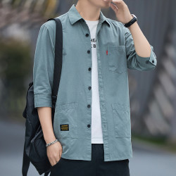 高档男士夏季七分袖衬衫休闲百搭薄款纯棉衬衣外套