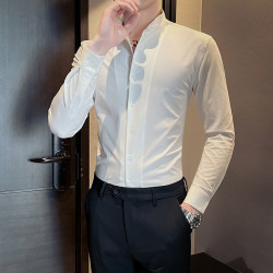 春秋新款立领长袖衬衫男装潮流痞帅高级感休闲新中式男装白色衬衣