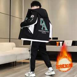 2025冬季加绒加厚夹克套装男连帽青少年学生帅气休闲宽松潮流外套