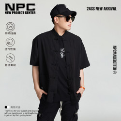 NPC 潮牌新中式盘扣刺绣短袖衬衫男潮流中国风慵懒宽松NP44SH09