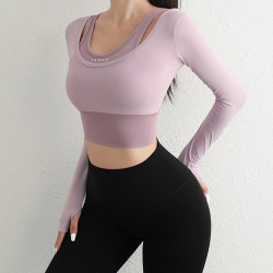 九麦一品 CX8009带胸垫健身服女紧身运动假两件瑜伽运动上衣训练速干长袖