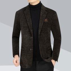 春秋款西服男士外套厚款新款休闲商务雪尼尔中老年上衣毛呢西装