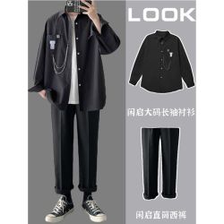 闲启studios设计感链子挂坠长袖衬衫男春秋潮牌宽松大码衬衣外套