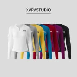 XVRV2026小V领运动绣花长袖T恤女工装口袋简约百搭女上衣