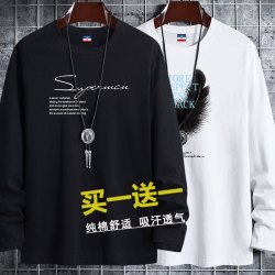 买一送一春秋季纯棉长袖t恤T恤男款印花白色上衣圆领宽松百搭男装