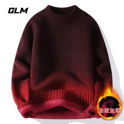 GLM 秋冬一体绒半高领保暖加绒加厚渐变套头新年红安哥拉红毛衣 男